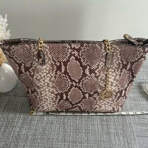 MK Michael Kors Snake Print Embossed Leather Tote Bag with Gold Chain Handles